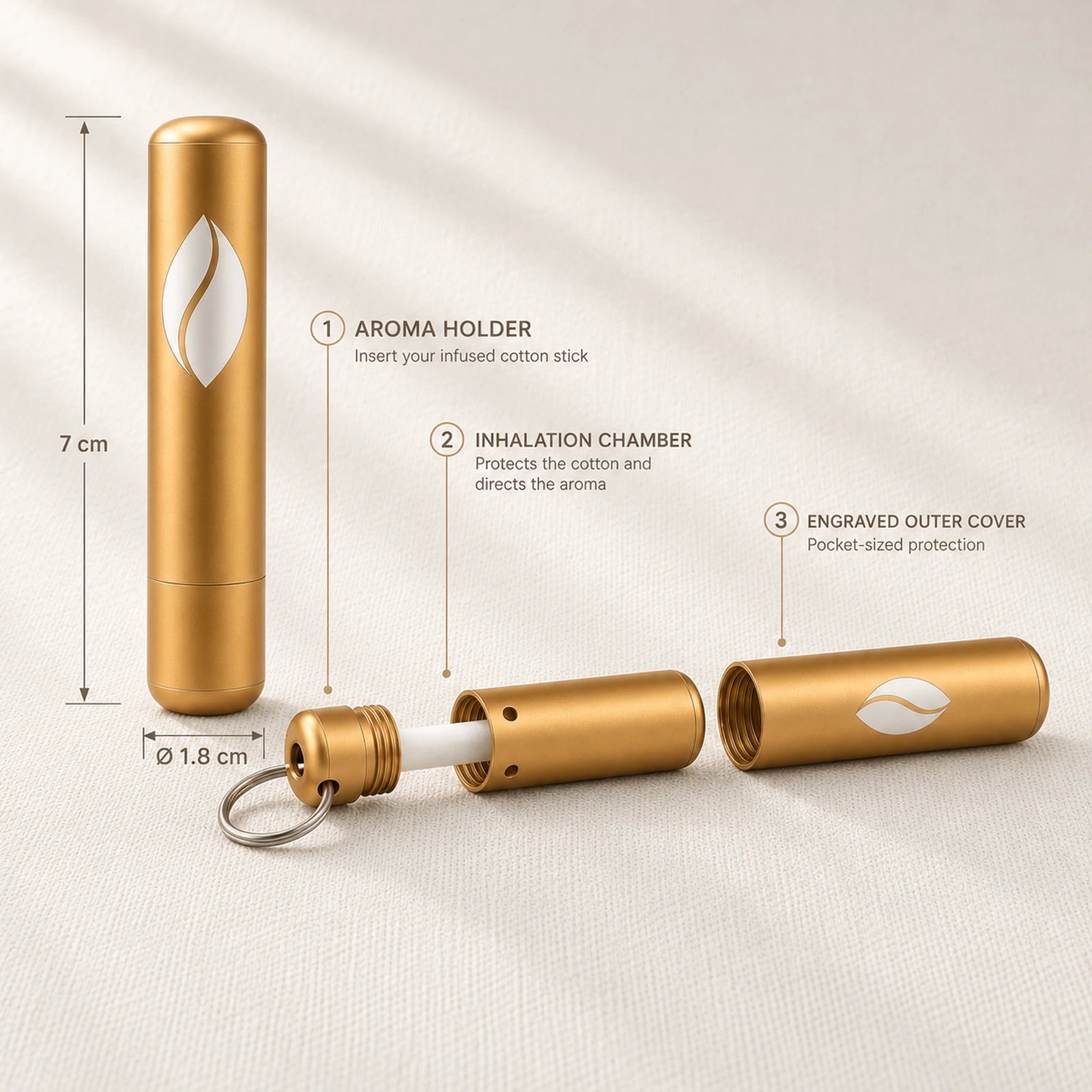 The Presence Anchor: 7 cm tall, 1.8 cm across, shown assembled and opened into aroma holder, inhalation chamber and engraved outer cover.