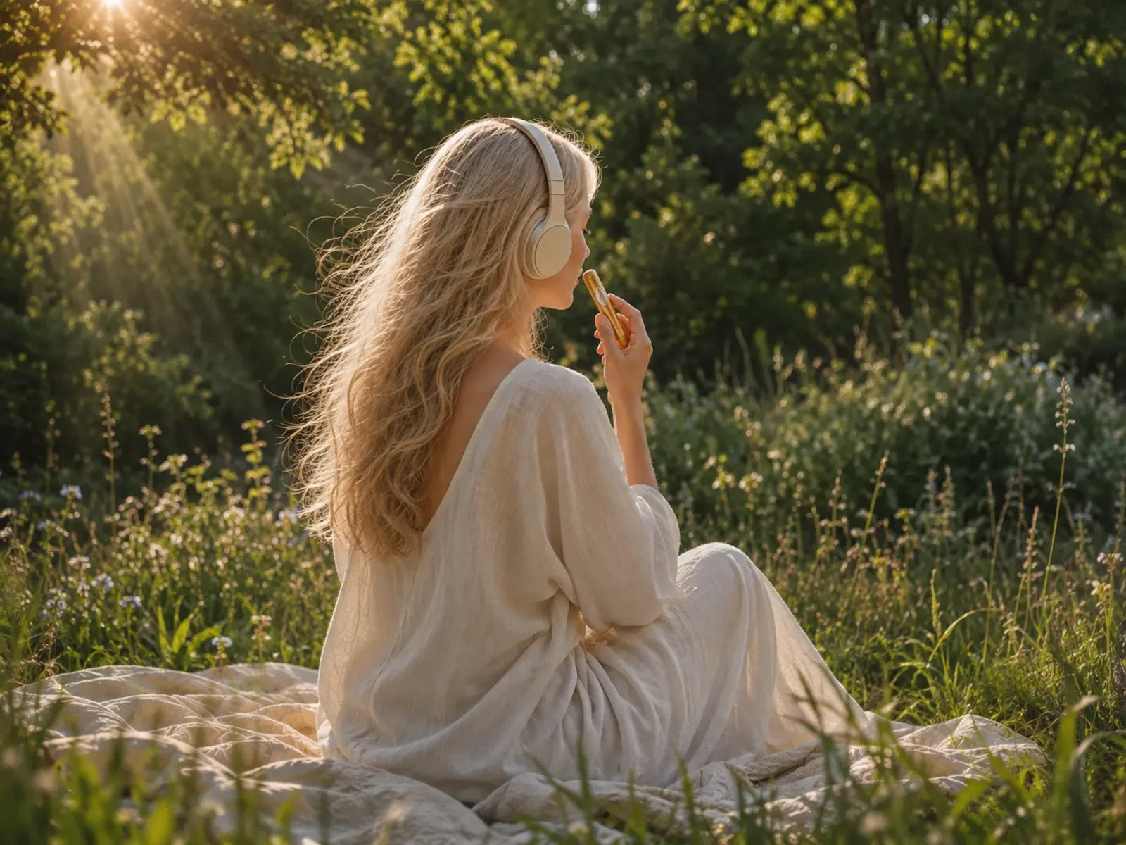 Woman holding the Presence Anchor below her nose beside an open garden window.