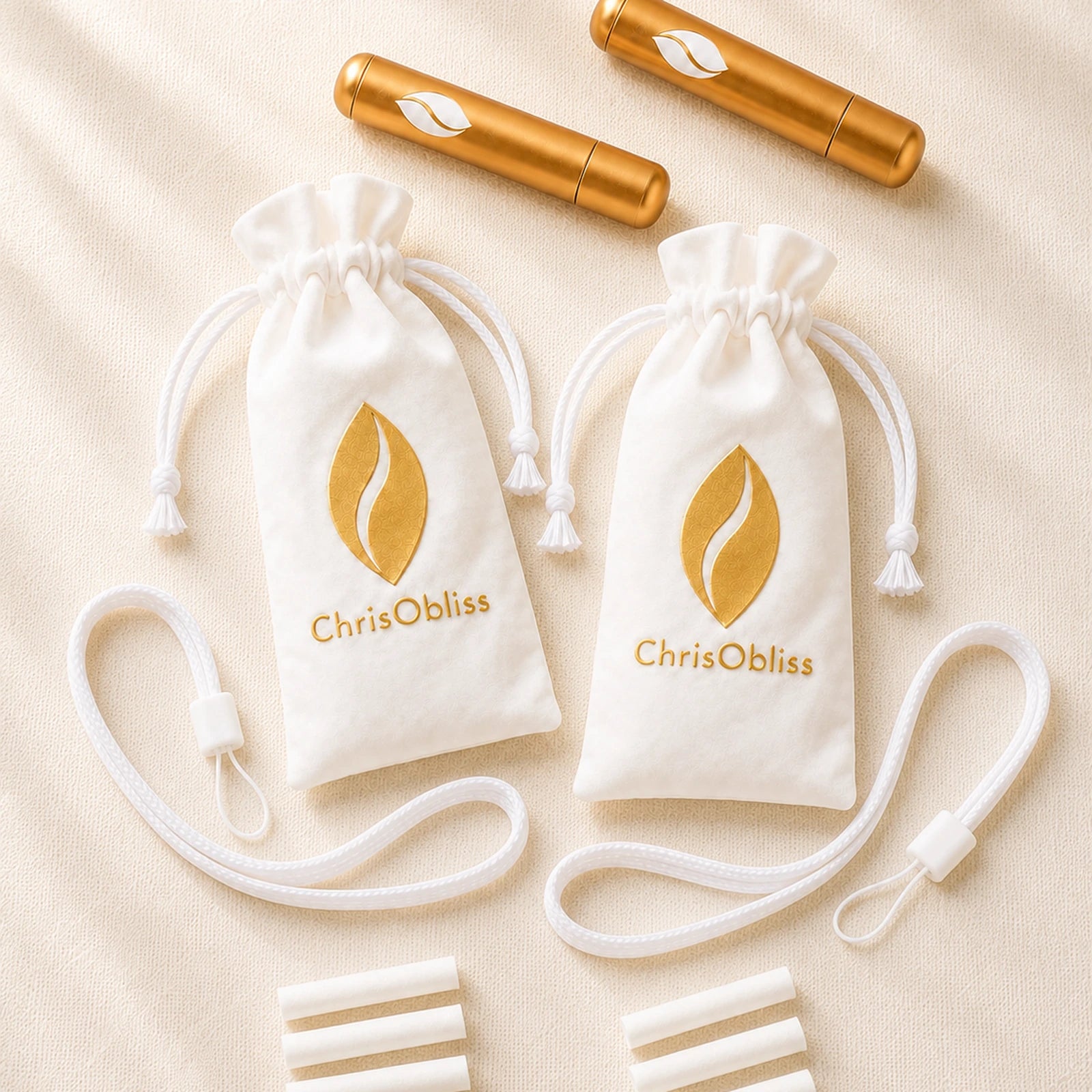 The Presence Anchor Pair: two gold inhalers, two white pouches, two carrying cords and six dry cotton sticks.