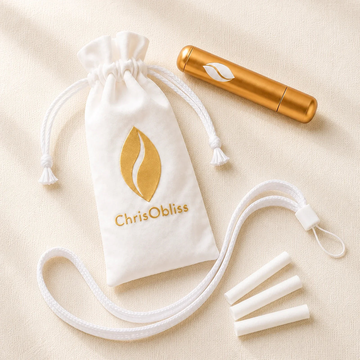 The Presence Anchor Single pack: gold inhaler, white pouch, carrying cord and three dry cotton sticks.