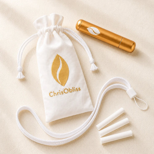 The Presence Anchor Single pack: gold inhaler, white pouch, carrying cord and three dry cotton sticks.