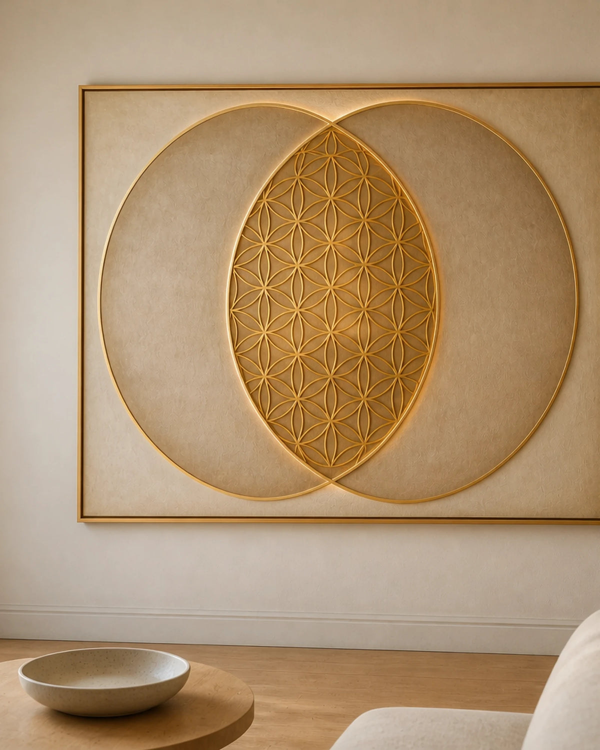 A gold Vesica Piscis and Flower of Life artwork on a quiet living-room wall